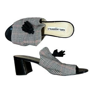Karl Lagerfeld Gray Plaid Tassle Block Heel Hettie Mules 9